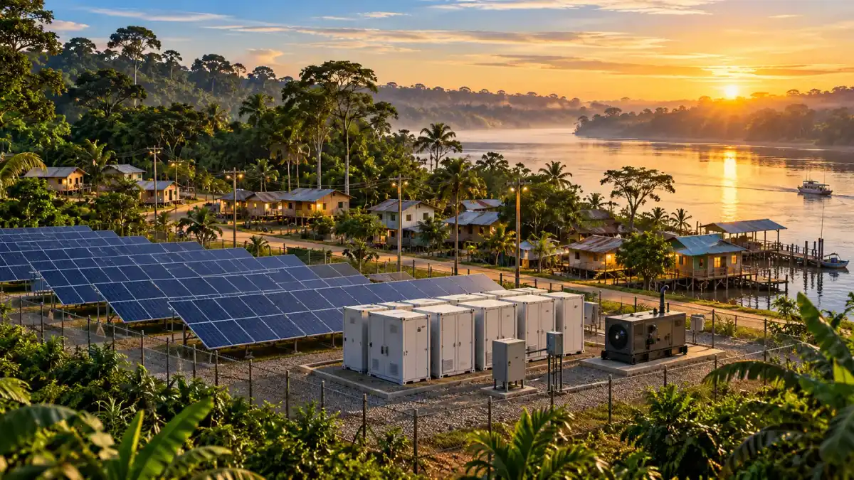 Ilustração editorial de comunidade amazônica atendida por sistema local com painéis solares, baterias e geração de apoio