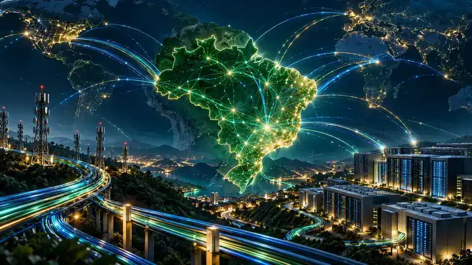 Ilustração editorial do mapa do Brasil conectado a fibras, antenas e centros de dados