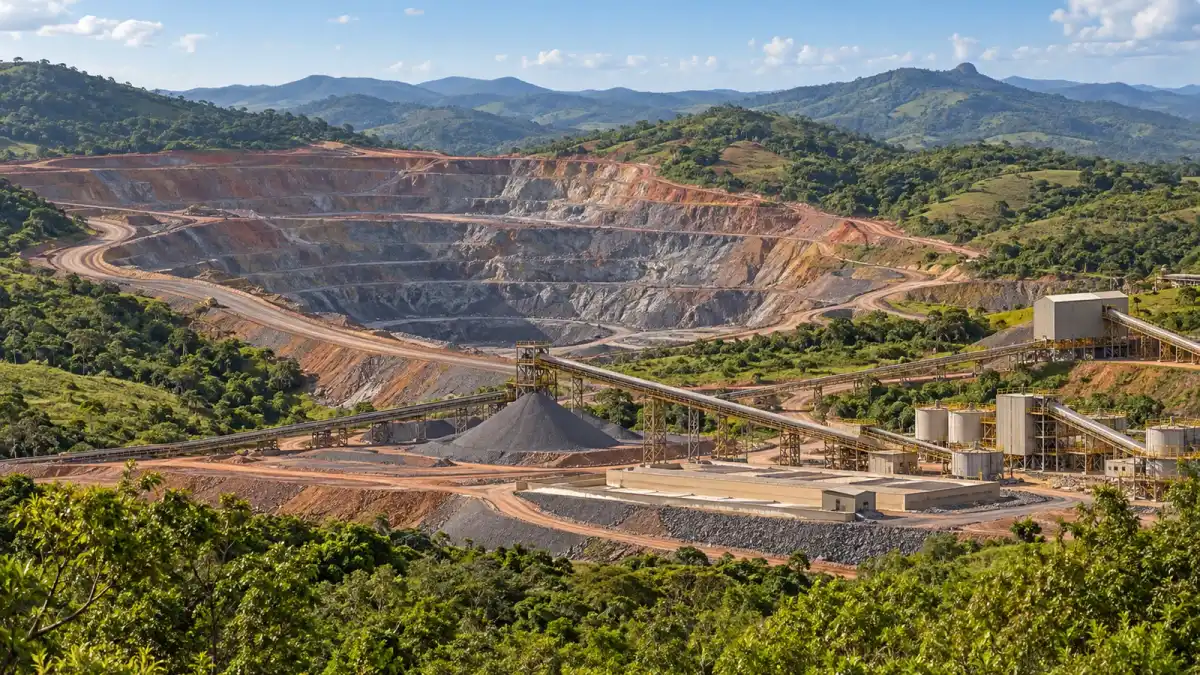 Ilustração conceitual de mina de ferro e infraestrutura