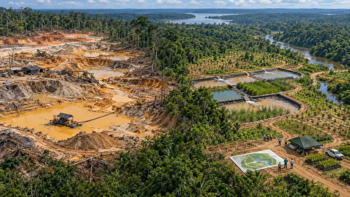 Ilustração conceitual de área degradada por garimpo em contraste com recuperação florestal e hídrica