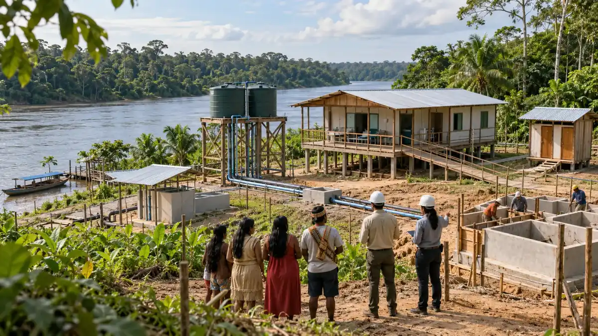 Ilustração conceitual de sistema de água e instalações de saúde em comunidade ribeirinha amazônica