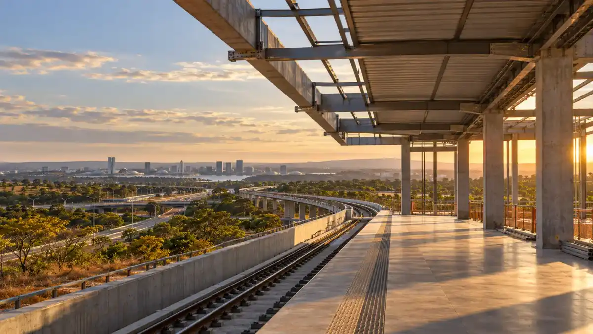 Ilustração conceitual de plataforma metroviária parcialmente construída