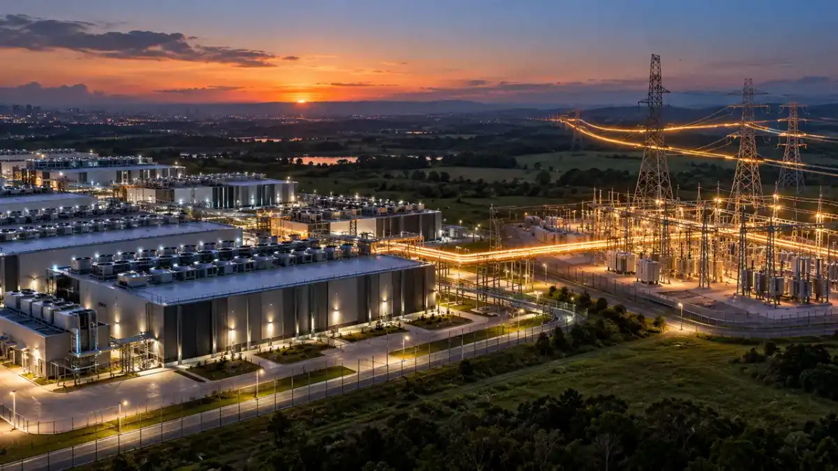 Ilustração editorial de campus de data centers conectado a subestação e linhas de transmissão ao entardecer
