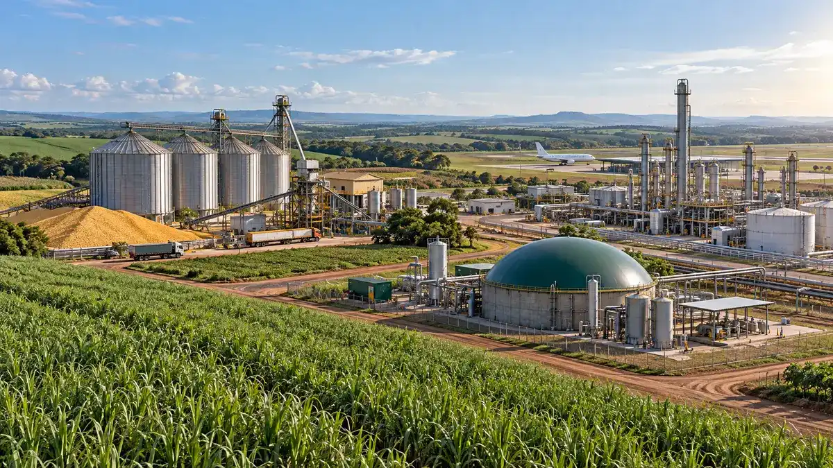 Ilustração editorial de canavial, silos de milho, biodigestor, refinaria de biocombustíveis e aeroporto