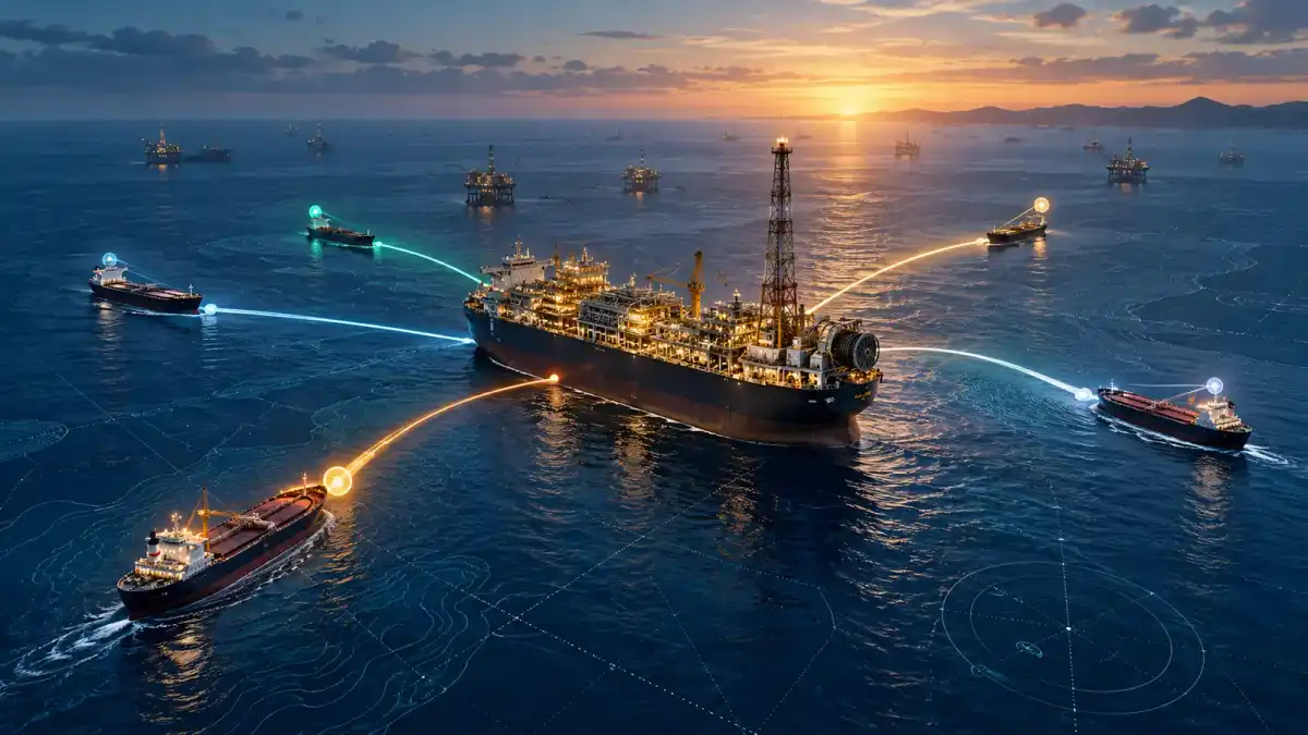 Ilustração conceitual de unidade de produção offshore conectada a cinco rotas de carregamento de petróleo