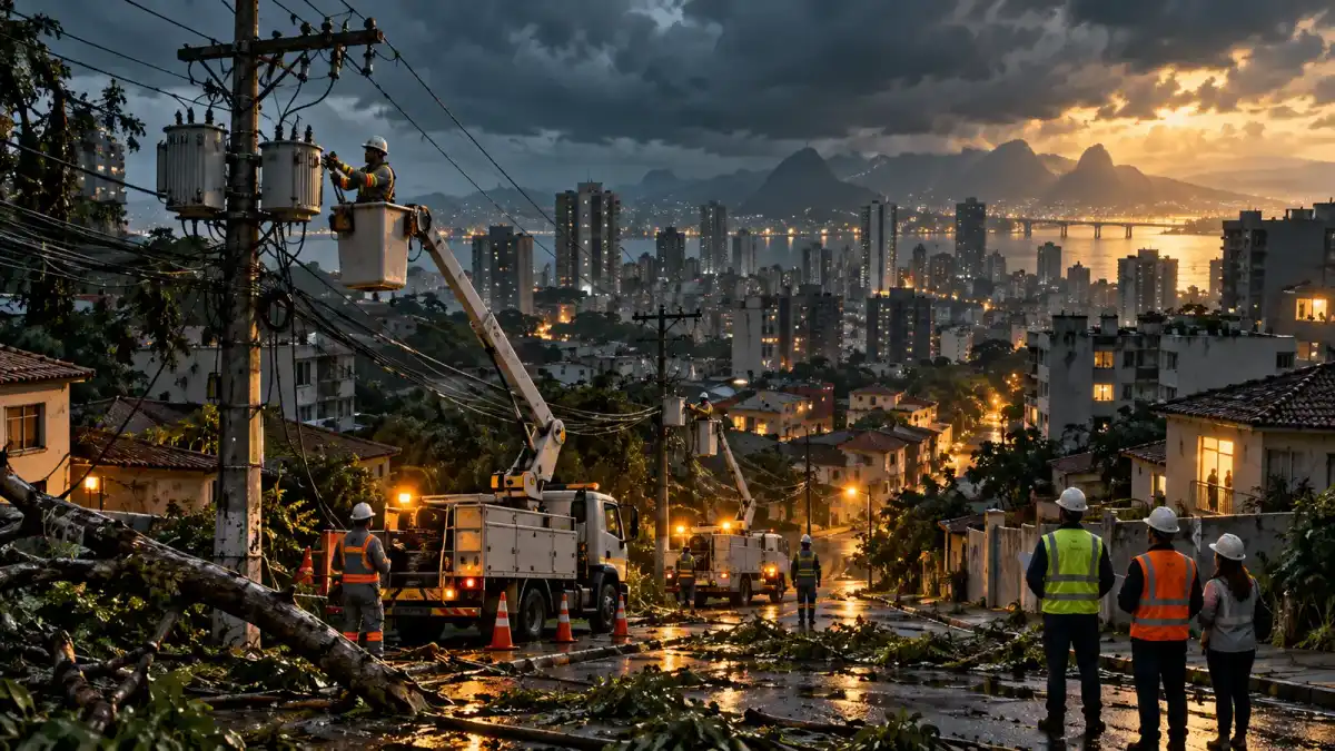Ilustração editorial de equipes restaurando a rede elétrica urbana após tempestade sob acompanhamento público