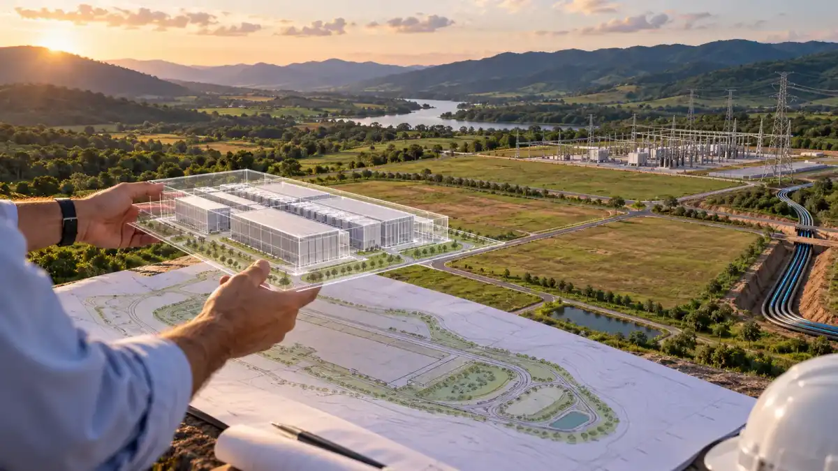 Ilustração conceitual de centro de dados próximo a infraestrutura elétrica e paisagem fluvial