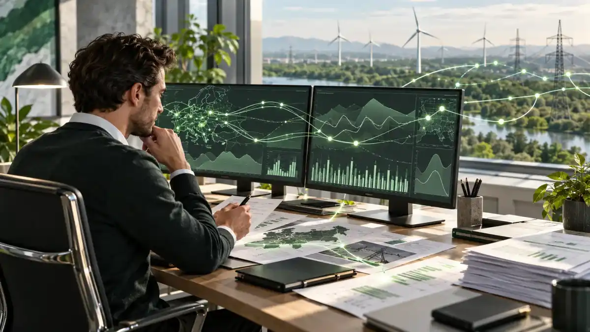 Ilustração conceitual de analista revisando informações do mercado de energia com apoio digital