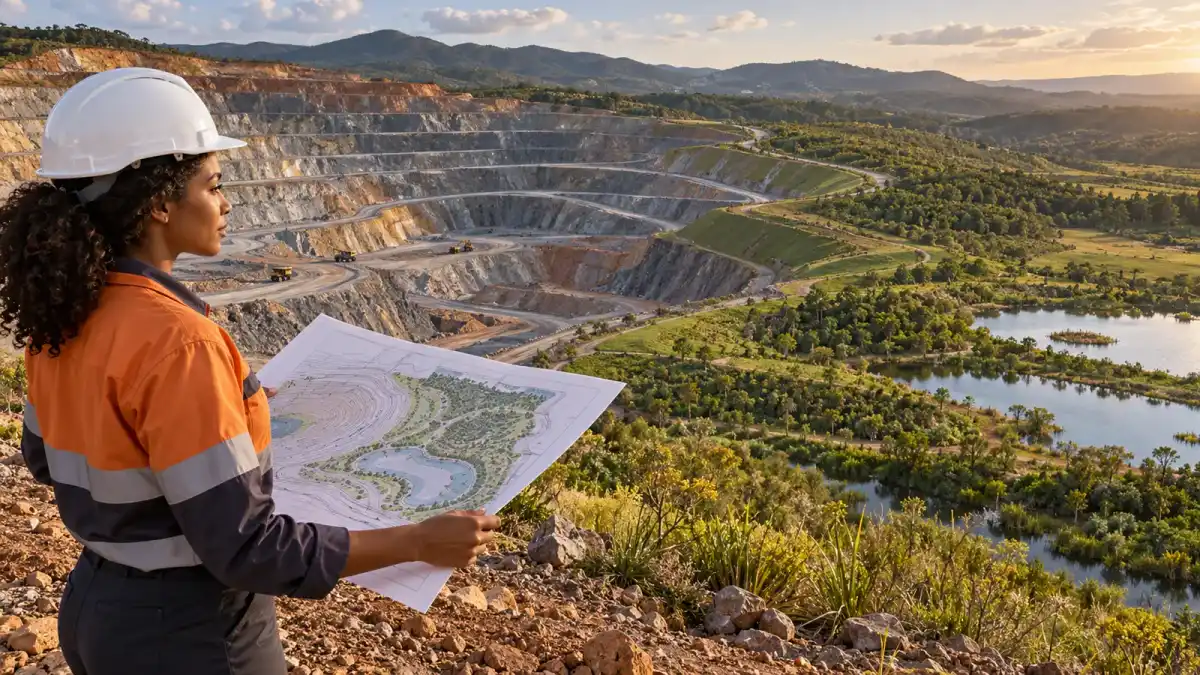 Ilustração conceitual de mina em transição para recuperação ambiental e planejamento de encerramento