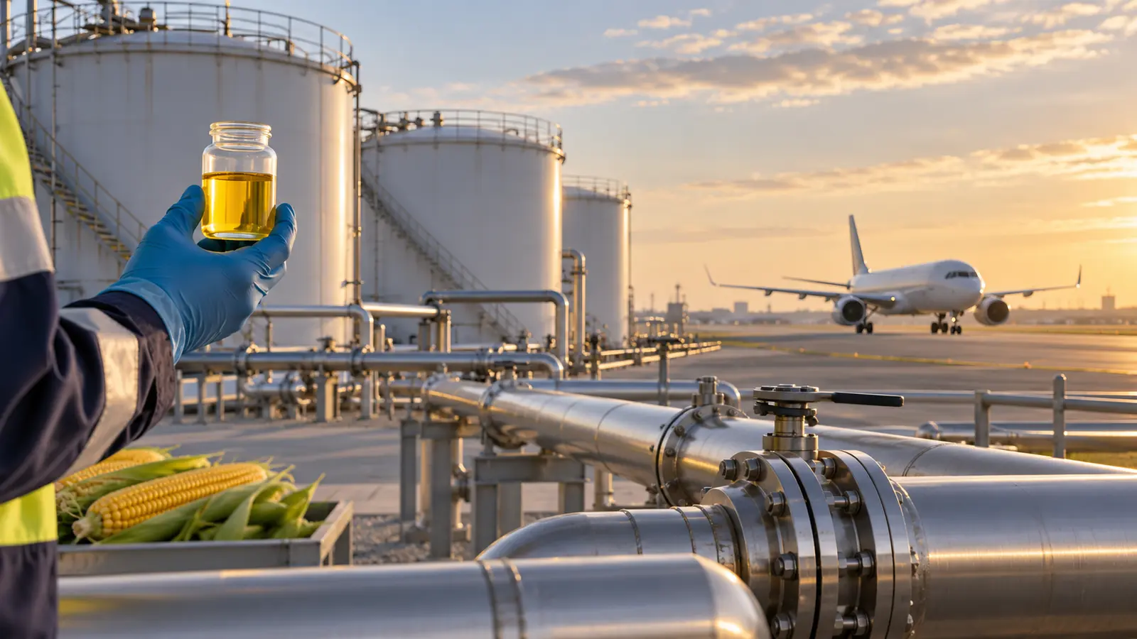 Ilustração conceitual de infraestrutura de refino e armazenamento de combustível associada à aviação