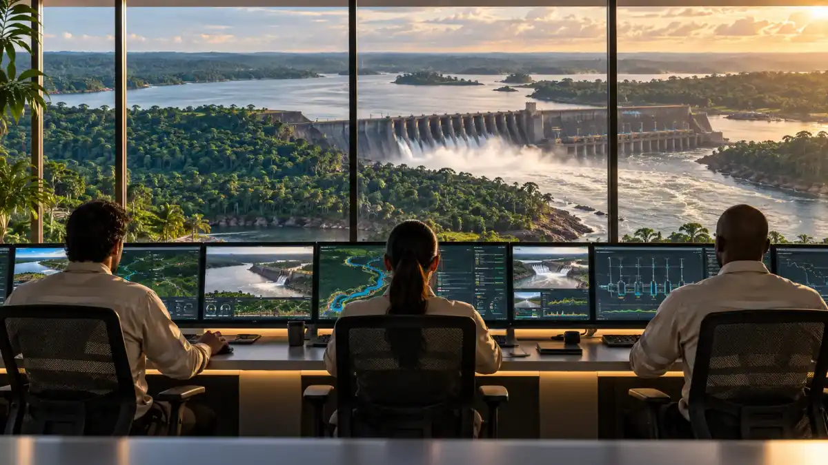 Ilustração conceitual de operadores em centro de controle diante de uma hidrelétrica na Amazônia