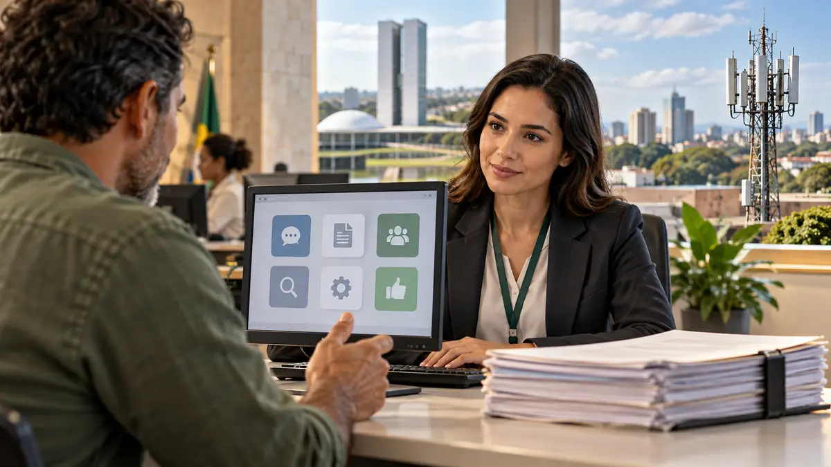 Ilustração editorial de atendimento institucional e participação de usuários de serviços públicos.