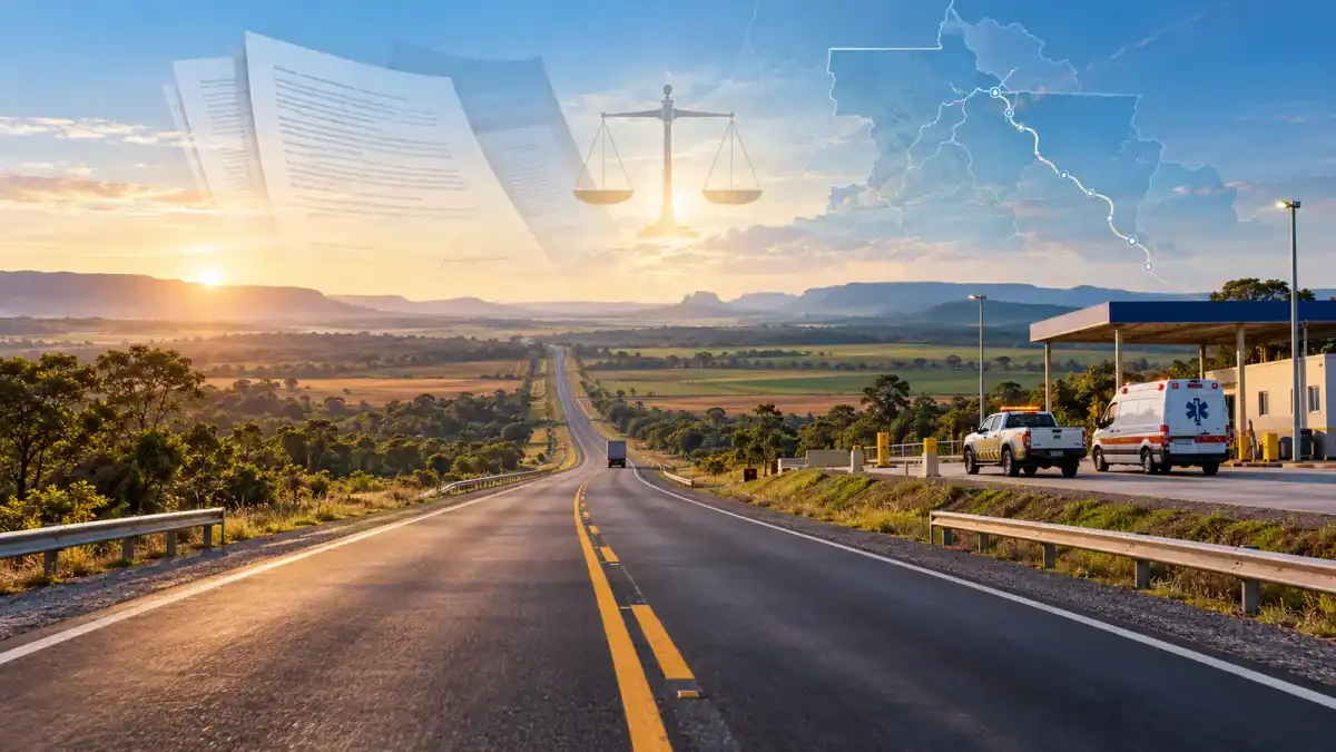 Ilustração editorial de rodovia no norte de Mato Grosso com base de atendimento, ambulância e camadas conceituais de decisão judicial