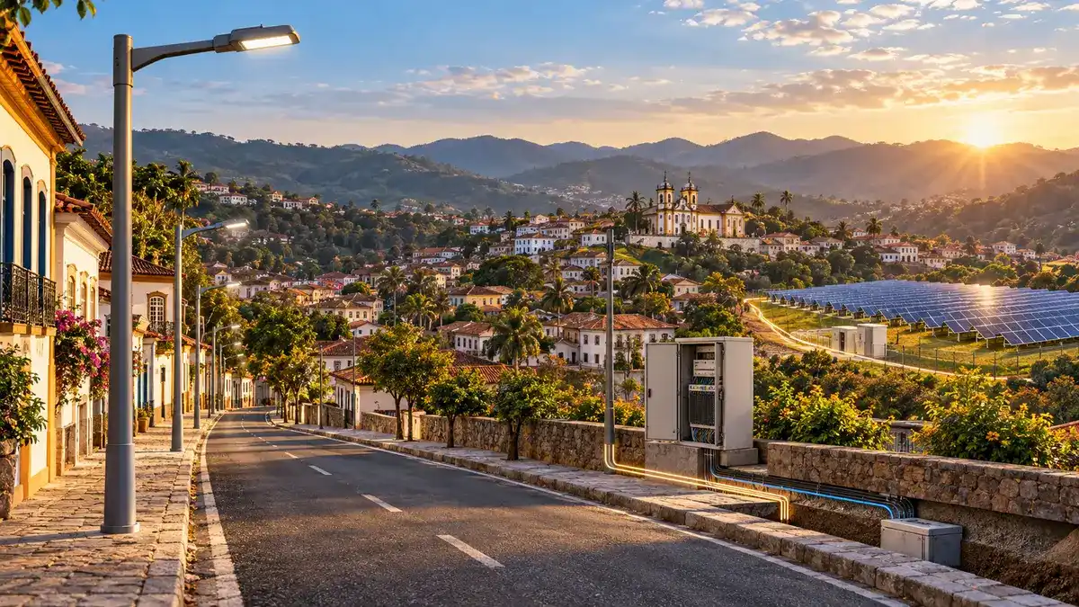 Ilustração editorial de Sabará com iluminação pública moderna, infraestrutura de telecomunicações e usina solar