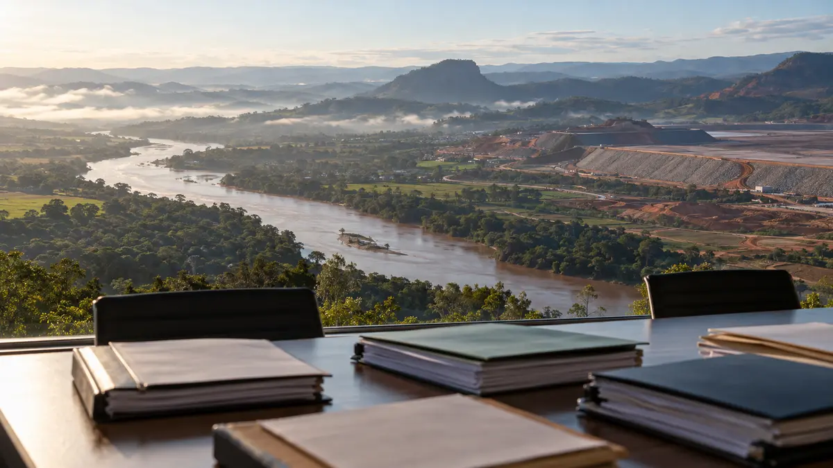 Ilustração editorial do Rio Doce, área de mineração e mesa com documentos de negociação institucional