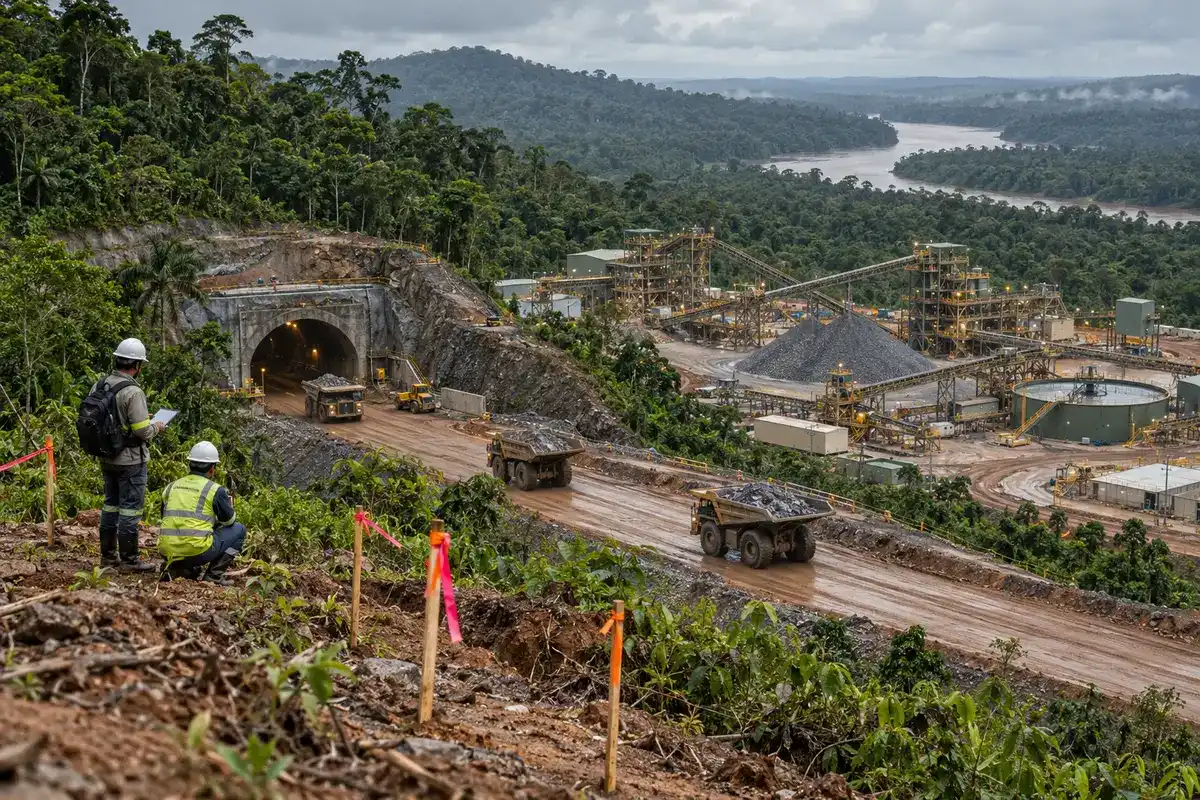 Ilustração editorial de mina subterrânea e infraestrutura de processamento cercadas pela floresta do Pará, com inspeção técnica em primeiro plano