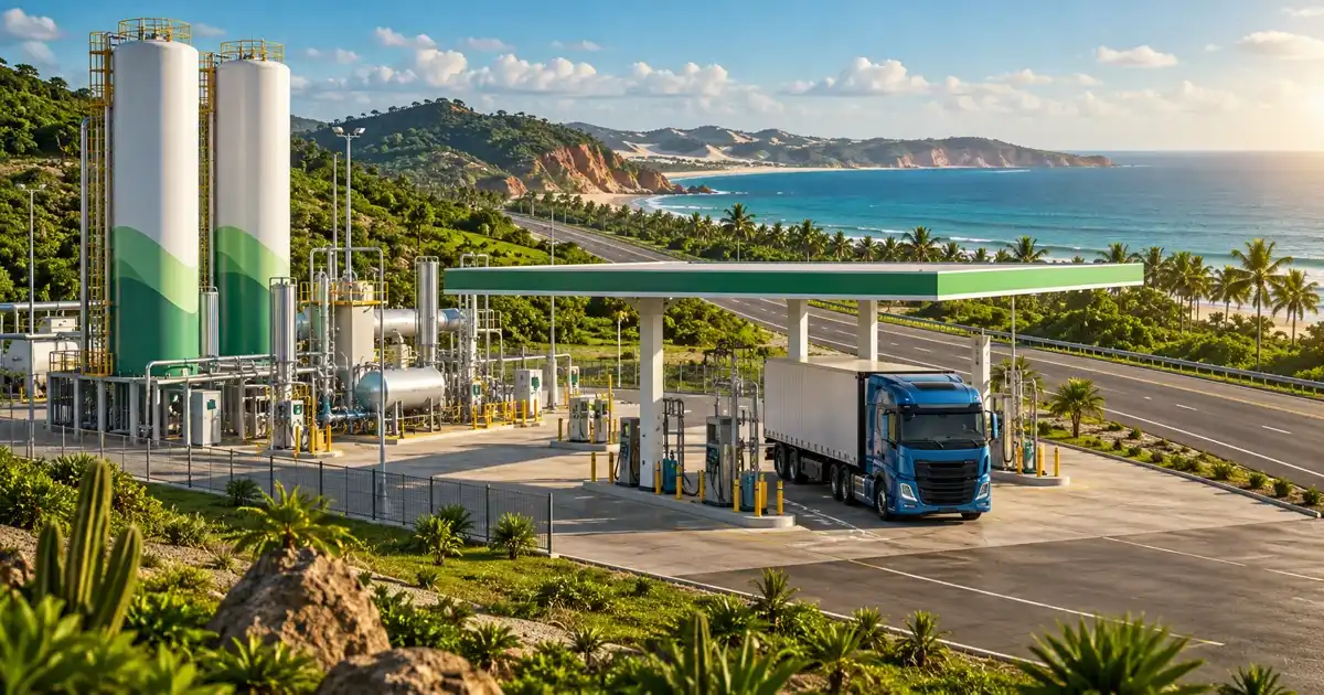 Caminhão em posto de abastecimento de gás junto a rodovia no Nordeste, em cena fictícia.
