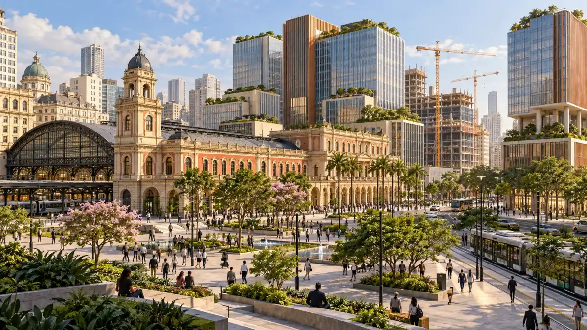 Ilustração editorial conceitual de edifícios públicos modernos integrados a patrimônio histórico, praça e transporte no centro de São Paulo