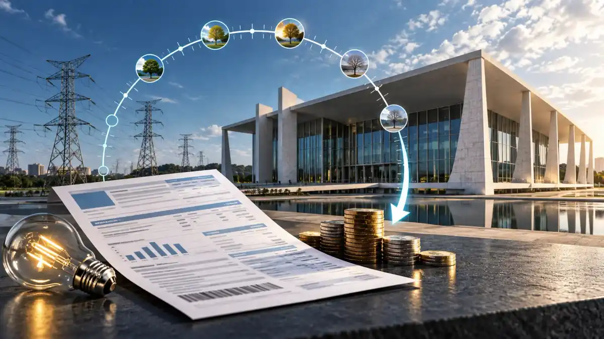 Ilustração editorial de fatura de energia, rede elétrica e edifício institucional conectados por uma linha do tempo