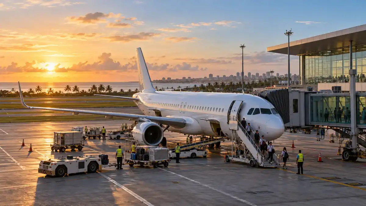 Ilustração conceitual de aeronave de longo alcance em aeroporto do Nordeste ao amanhecer