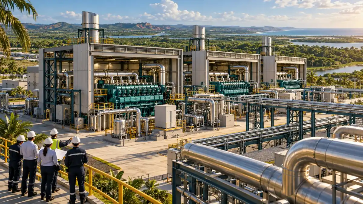 Ilustração conceitual de geração térmica com motores e tubulações