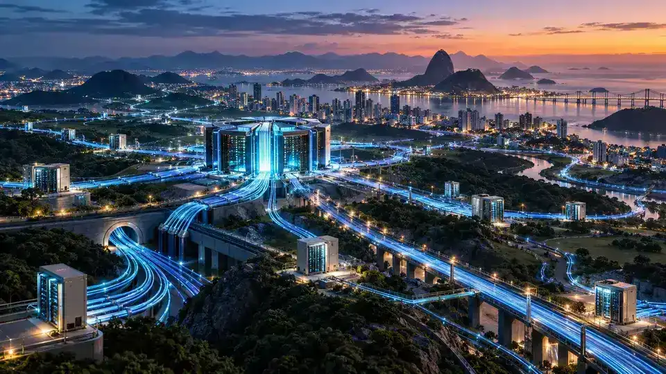 Ilustração editorial de rede de fibra óptica conectando residências e central de telecomunicações