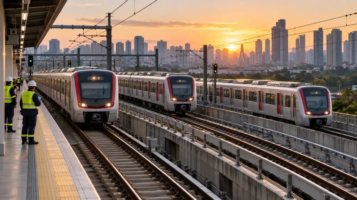 Ilustração editorial de três trens metropolitanos em operação sob observação de técnicos em plataforma