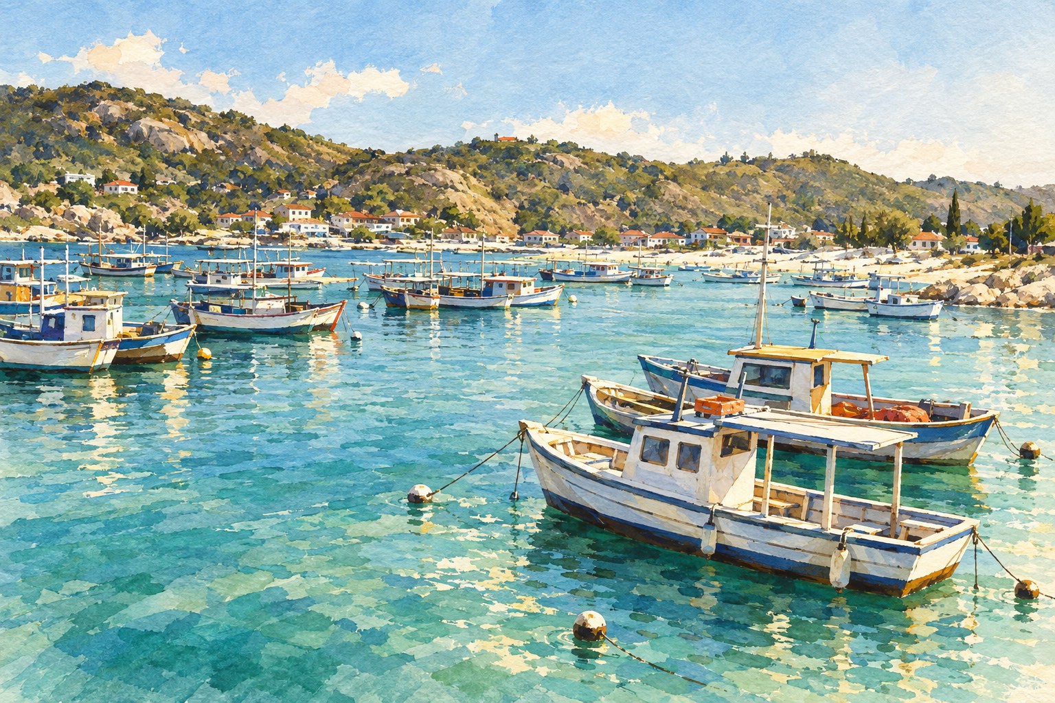 Ilustração artística do entorno marítimo da Praia dos Anjos, próximo ao Porto do Forno