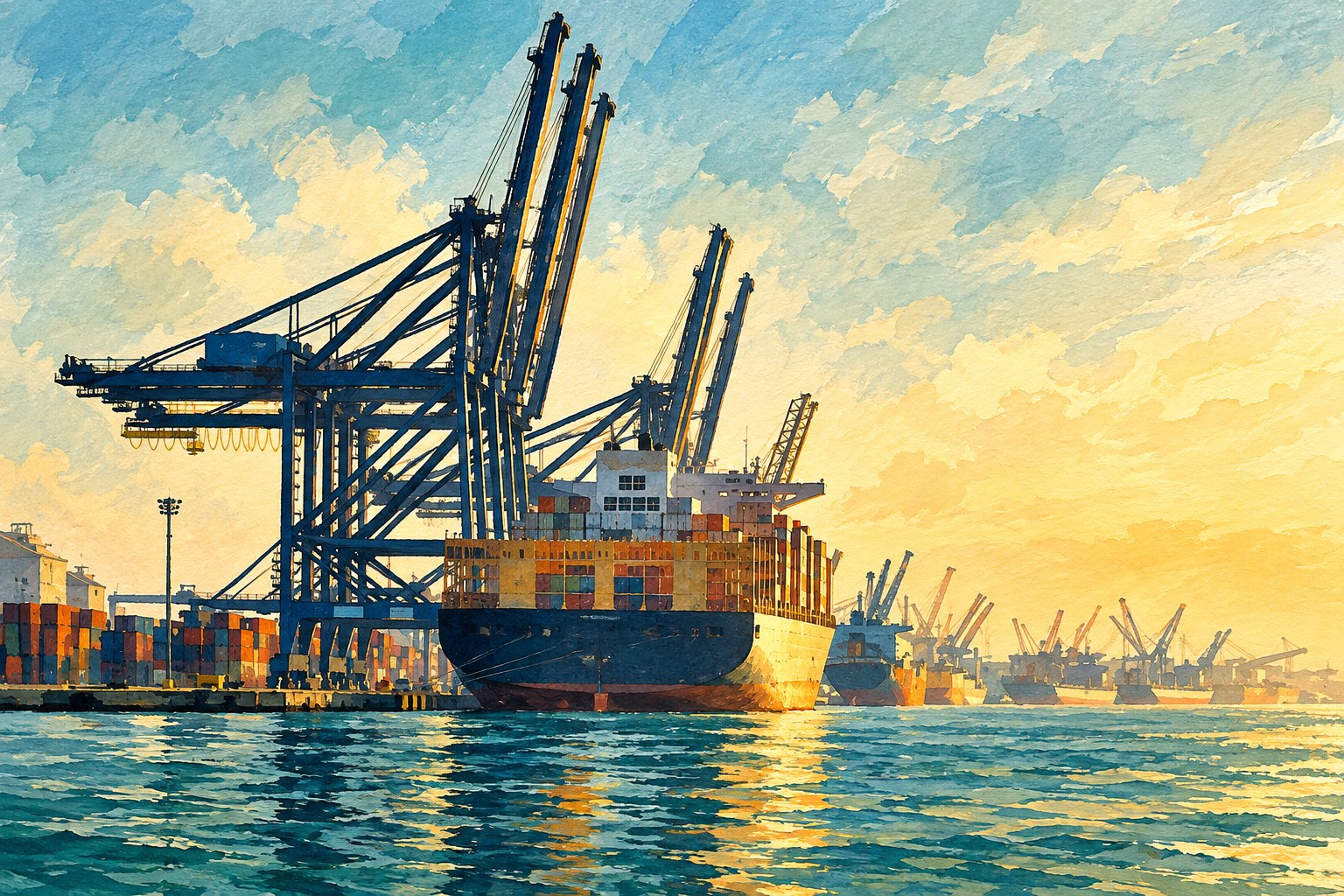 Ilustração artística inspirada em fotografia do Porto de Paranaguá