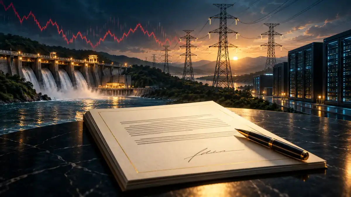 Ilustração de contrato diante de linhas de transmissão, hidrelétrica e data center, com oscilação financeira ao fundo